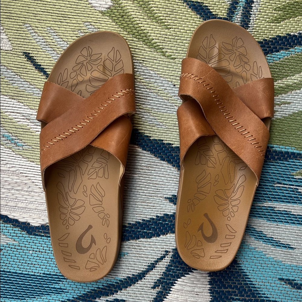 OluKai Women's Brown Leather Crossover Slide Sandals
